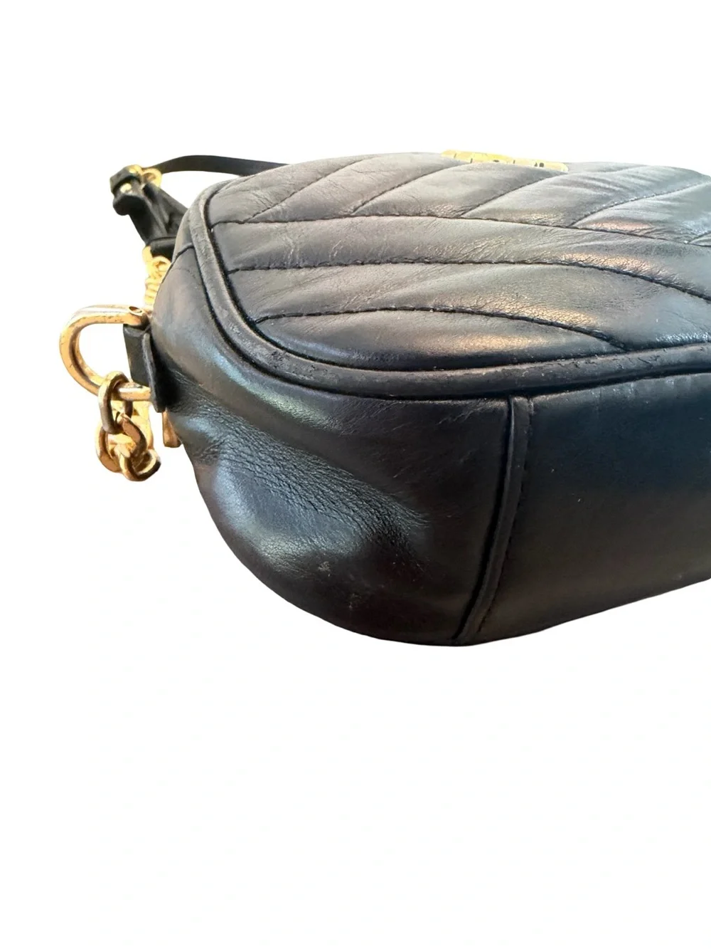 Tory Burch Black Quilted Leather Camera Crossbody with Gold Chain and Tassel